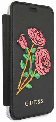 Чехол Guess iPhone X Flower dasire Booktype PUEmbroidered roses, черный 2