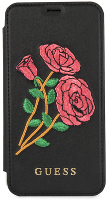 Чехол Guess iPhone X Flower dasire Booktype PUEmbroidered roses, черный 3